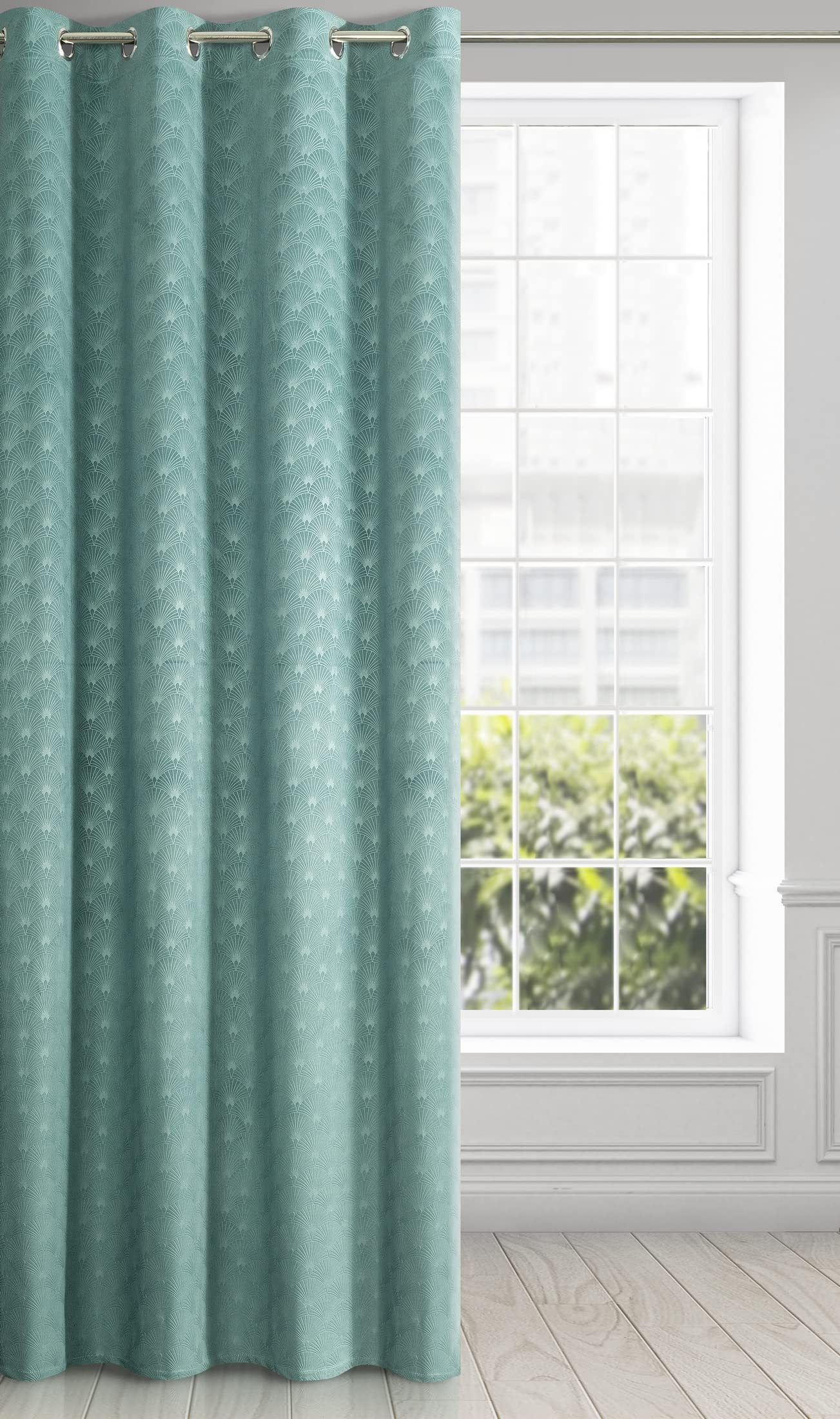Eurofirany Velvet Curtain with Geometric Fan Pattern and Eyelets - 1 Piece Curtain Balcony Door Patterned Velvet Look Plain Fluffy Modern Living Room Bedroom 140 x 250 cm 3D Velvet Structure Sea Green