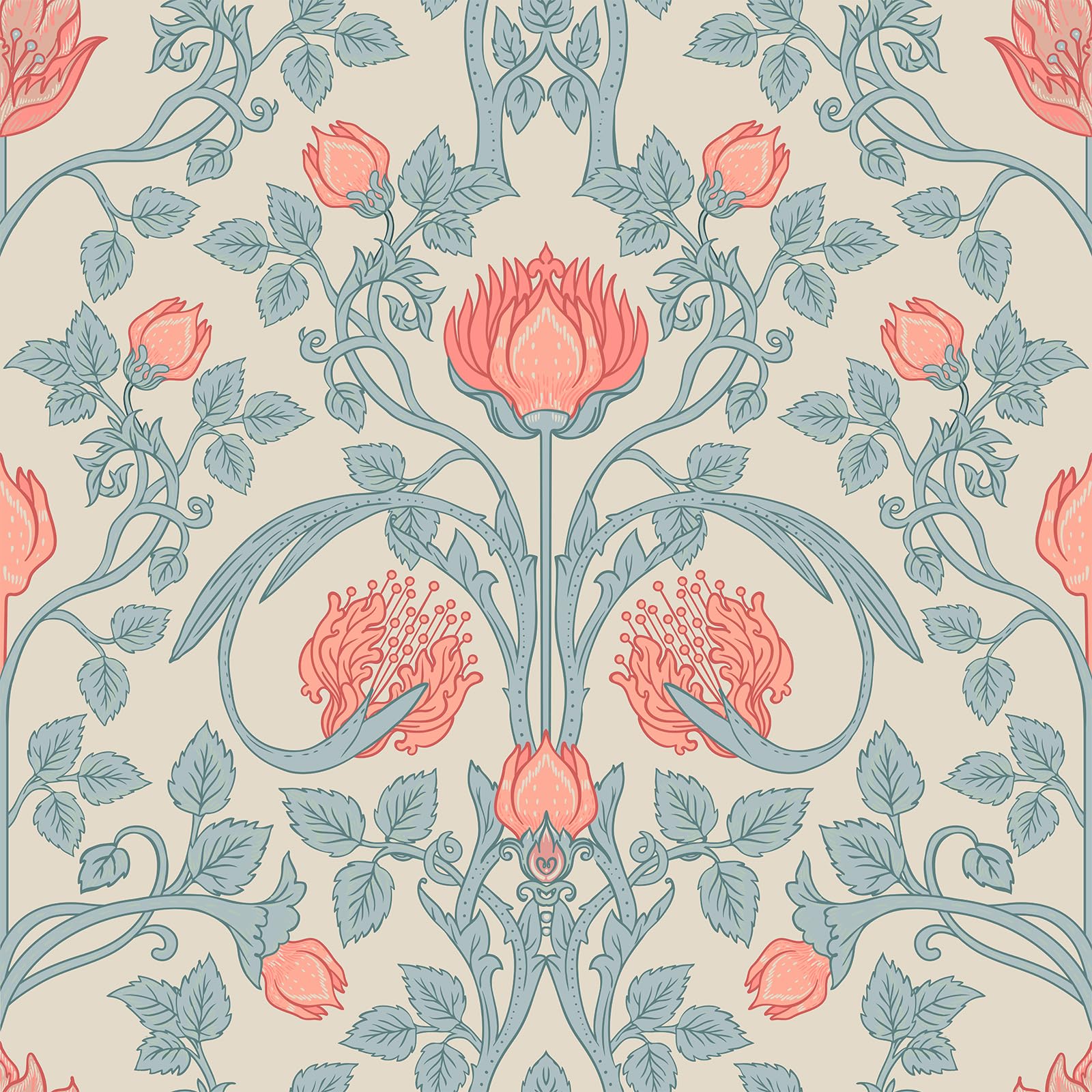 VEELIKE Retro Beige Floral Peel and Stick Wallpaper Vintage William Morris Blue Leaf Contact Paper for Furniture 44.5 cm x 300 cm Art Nouveau Wall Paper for Bedroom Bathroom Wall Mural Removable