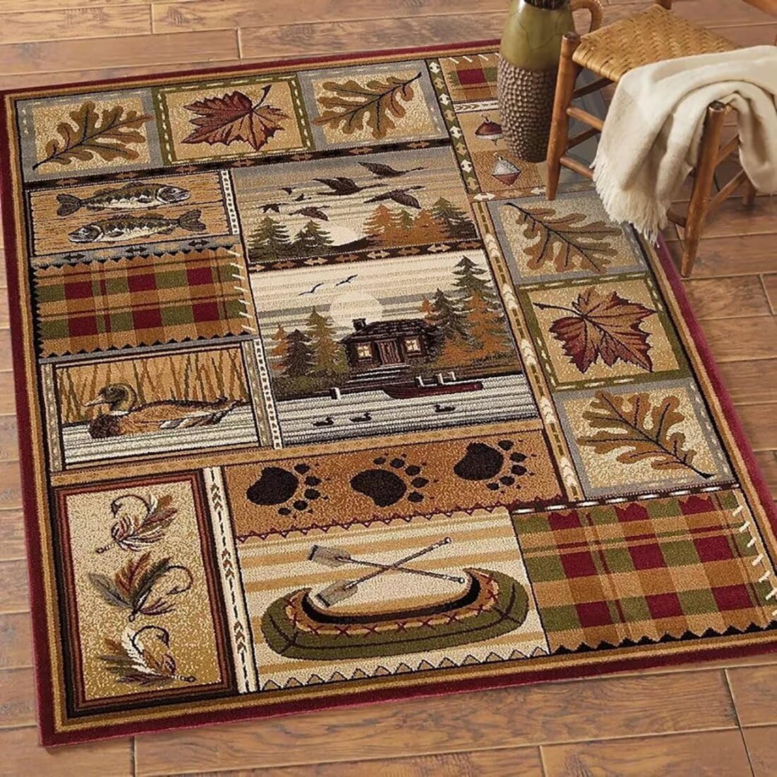 Photo 1 of Qmkmyy Rustic Cabin Fish Leaf Print Rugs for Home Bedroom Decor Striped Pathwork Western Style Area Rug Floor Mat Low Pile Carpets,5'x8'