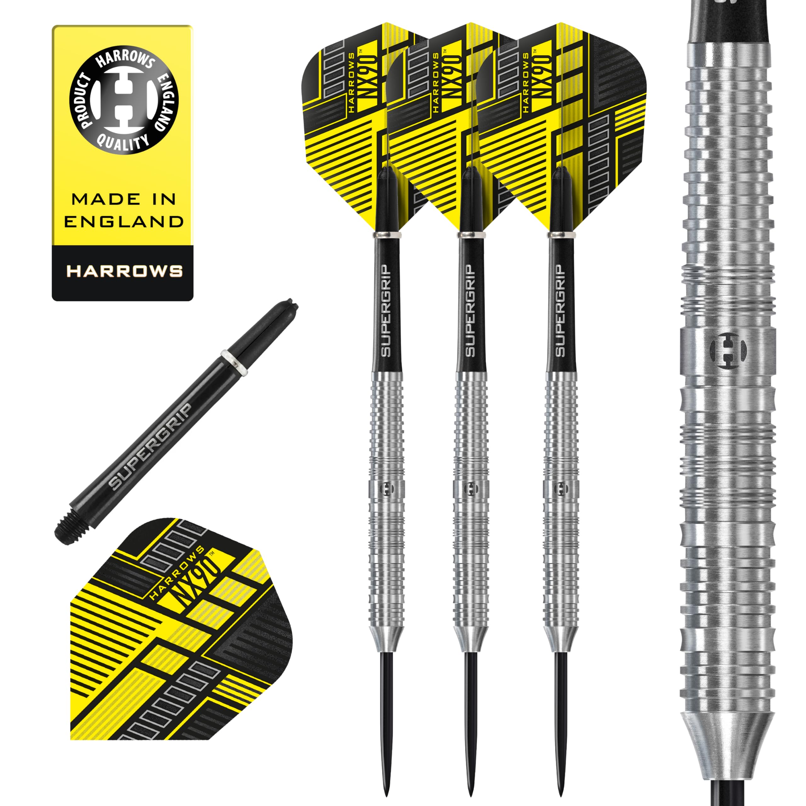 Harrows NX90 Parallel Shape Darts Set (26g) I 90% Tungsten Steel Tip Darts I 10pc Set with Black Supergrip Midi Shafts & NX90 Flights | Professional Darts