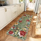 NoiFamo Kitchen Rug Runners for Hallways: 2x6 Washable Runner Rugs for Kitchen Ultra Thin Stain Resistant Non Slip Low Pile Lightweight Vintage Floral Carpet for Laundry Room, Bedside Decor (Green)