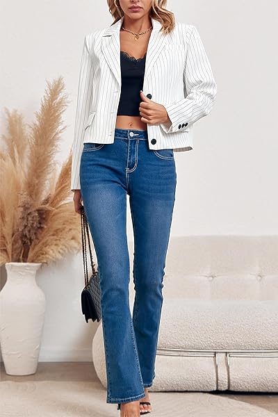 CICY BELL WOMENS CROPPED STRIPED BLAZER CASUAL LONG SLEEVE LAPEL BUTTON DOWN WORK BLAZER JACKETS WHITE
