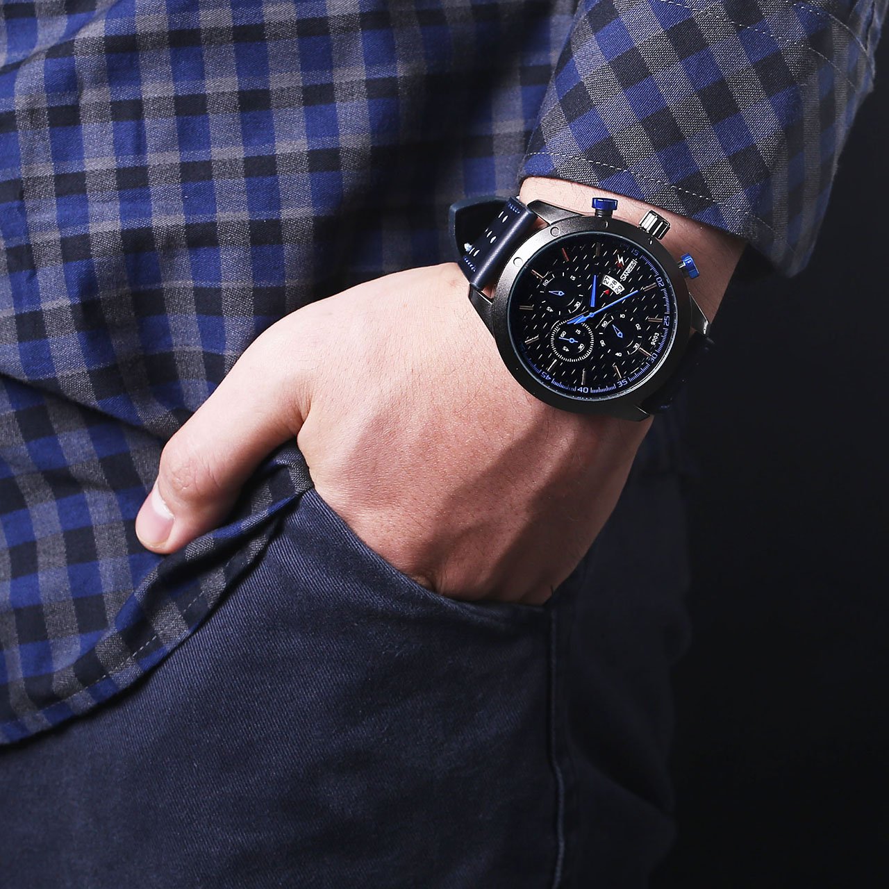 JSDDE Mens Sports Watch 3ATM Waterproof Analog Quartz All Black Leather Strap Calendar Date Window