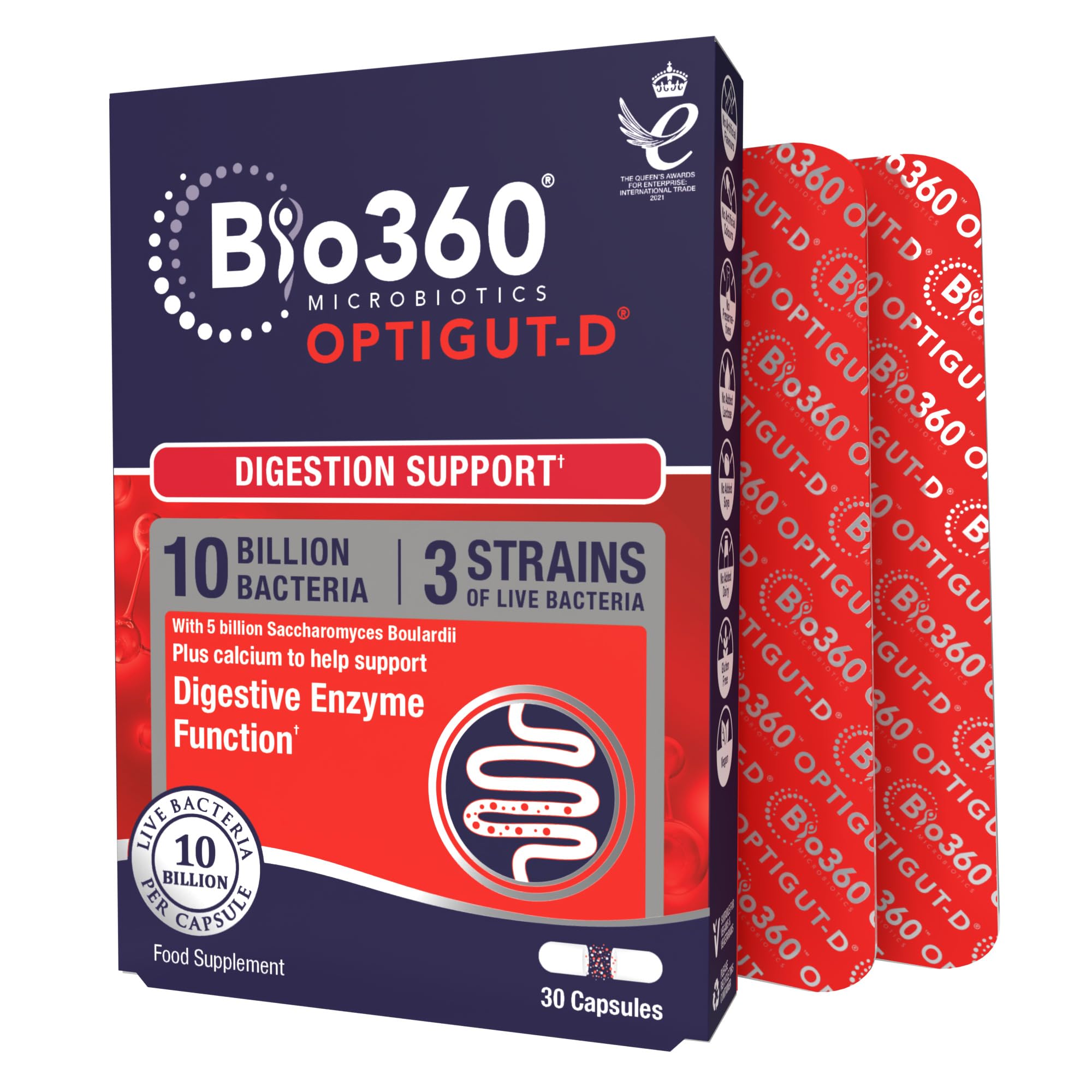 Natures Aid Bio360 OptiGUT-D Probiotic 10 Billion Live Bacteria - High Strength Vegan Digestive Gut Health Support - Gut Health Supplement for Adults & Kids - Gluten Free, Non-GMO - 30 Capsules