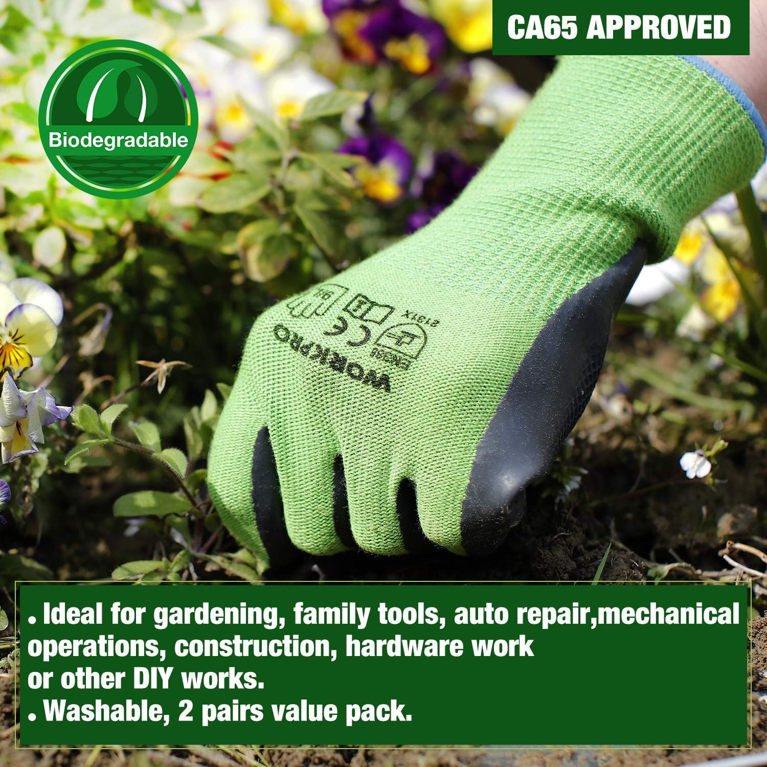 WORKPRO 2 Pairs Garden Gloves, Working Gloves with Eco Latex Palm Coated, Works Gloves with Touchscreen for Weeding, Digging, Raking and Pruning(M): Garden & Outdoor