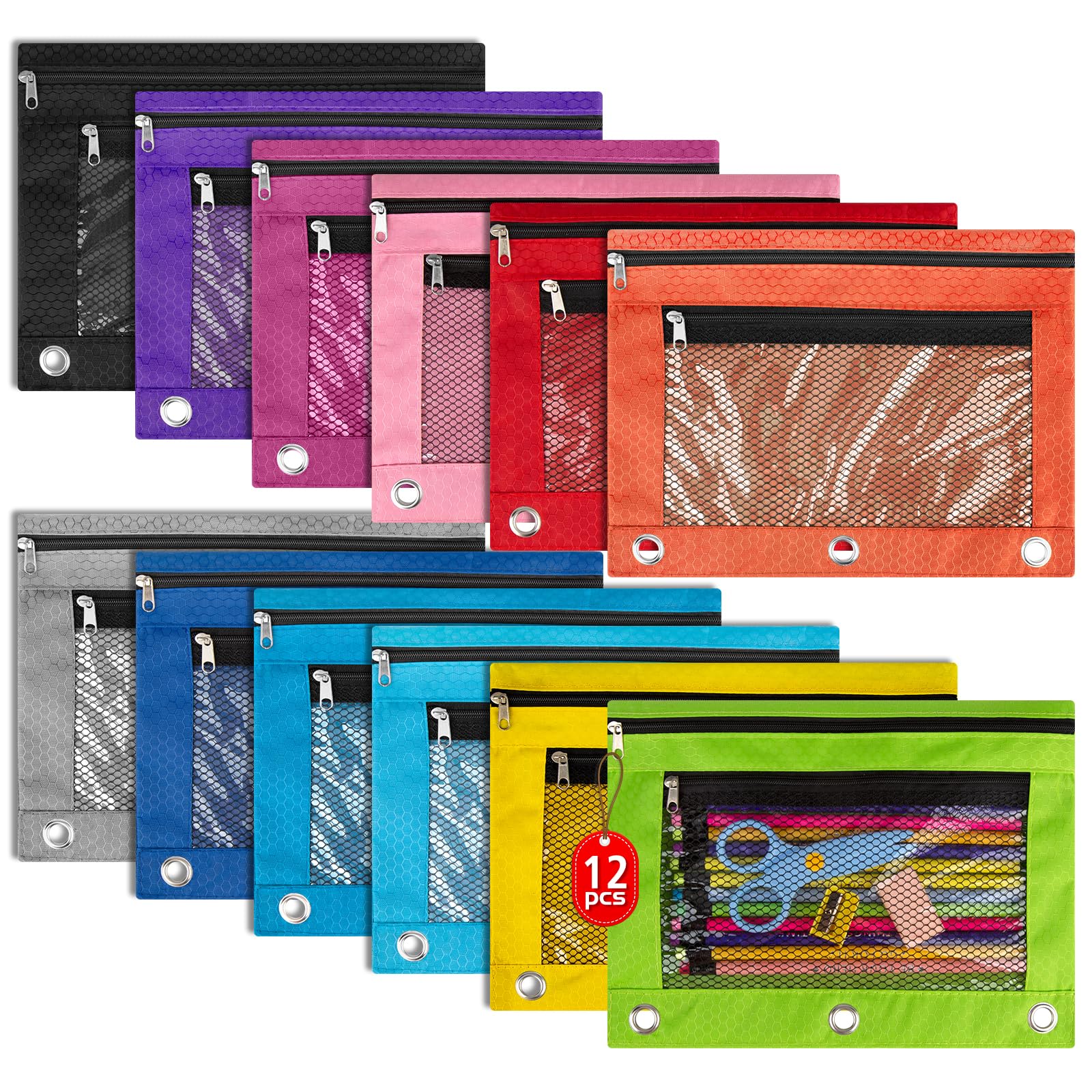 Photo 1 of IKAYAS 12 Pack Pencil Pouch for 3 Ring Binder Bulk Designed Binder Pencil Pouch with Zipper, 12 Colors