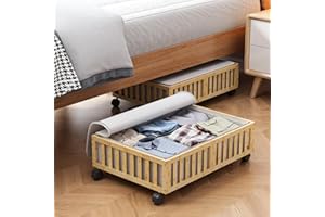 MHXW SXPN Bamboo Under Bed Storage Containers with Wheels, 2 Pack Under the Bed Shoe Storage Bins, Wood Rolling Underbed Drawers with Bag Organizer for Bedroom, Sheets Clothes Blanket Comforter, Under Crib Toy