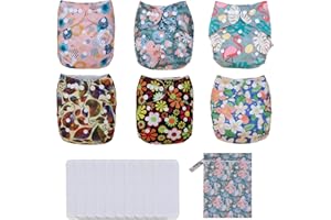 TDIAPERS Cloth Diapers Washable Reusable One Size Adjustable for Baby 6 Pack with 10 Inserts, 1 Wet Bag