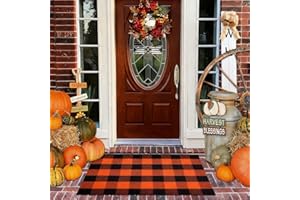 PIXFAIRY Cotton Orange and Black Plaid Rug - 27.5 x 43 Inches, Hand-Woven Indoor/Outdoor Layered Cotton Blend Buffalo Plaid Rug, Washable Front Door Mat, Perfect for Porch, Living Room, Entryway