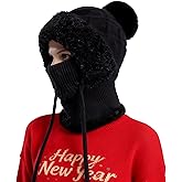3 in 1 Beanie Hat for Women, Knitted Balaclava Hats with Scarf Attached, Windproof One Size Winter Hats