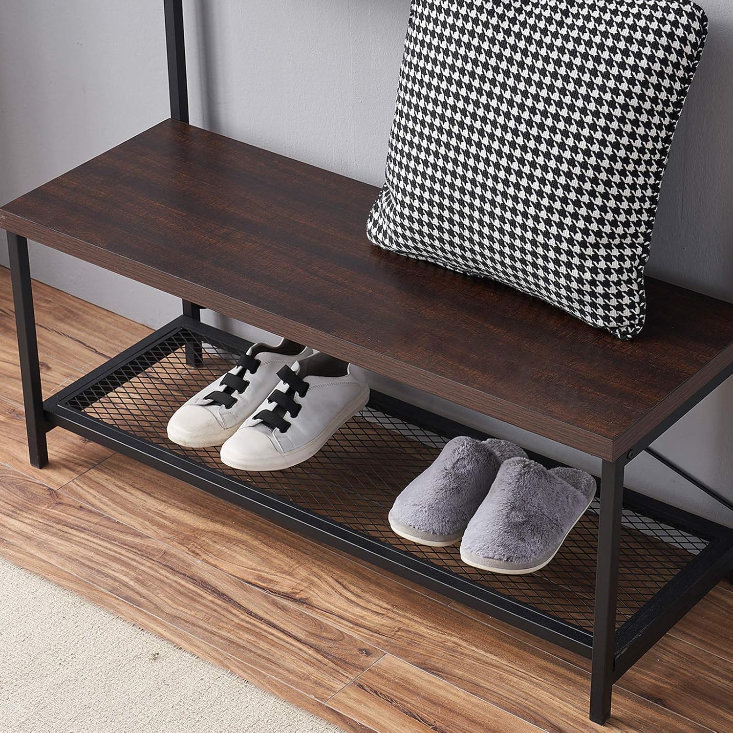 MHAOSEHU Entryway Coat Rack Bench, Modern Hall Tree with Storage Bench, Wood and Metal Hallway Bench with Coat Rack, Espresso 3-in-1 Design: Home Improvement