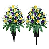 LVXINLI Artificial Cemetery Flowers, Gravesite Decoration Roses, Memorial Bouquets with Cemetery Vase, Vibrant and Long-Lasting Colors （ Yellow+Purple, 2 Bundles