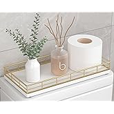 Toilet Paper Basket Organizer – Oak Wood Toilet Tank Tray with Metal Frame, Back of Tank or Top Bathroom Counter Storage – Gold & White Modern Decor
