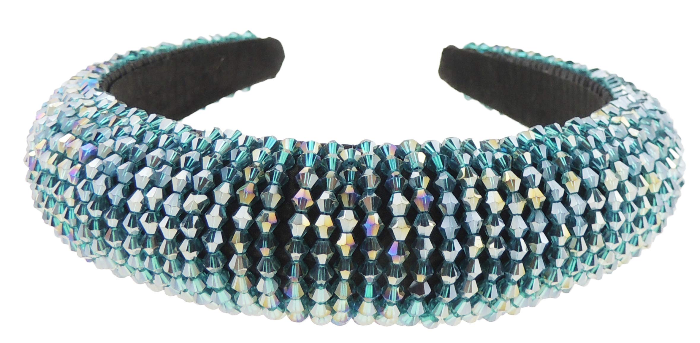 Womens Sparkly Beaded Rhinestone Embellished Jeweled Crystal Wide Bump Thick Padded Evening Formal Occasion Christmas Birthday Wedding Bridal Party Headband Hair Alice Band Hairband (Emerald Green)