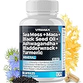Sea Moss Maca Black Seed Oil Ashwagandha Bladderwrack Turmeric - Manuka Honey, Elderberry, Vitamin C & D3, Dandelion & Black Pepper - Non-GMO - Vegan - Made in USA - 60ct