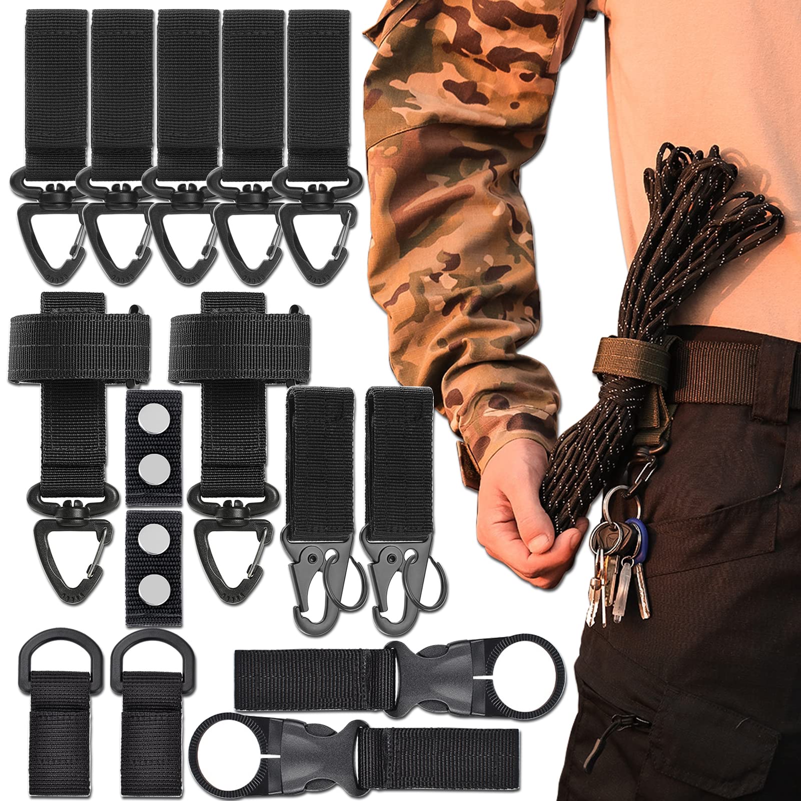 15PCS Molle Webbing Attachments Tactical Gear Clip Set for Tactical Backpack Bag Vest - Nylon Belt Keepers, Glove Strap Holder, Key Ring Holder, Hanging Carabiner Loop, Water Bottel Carriers (Black)