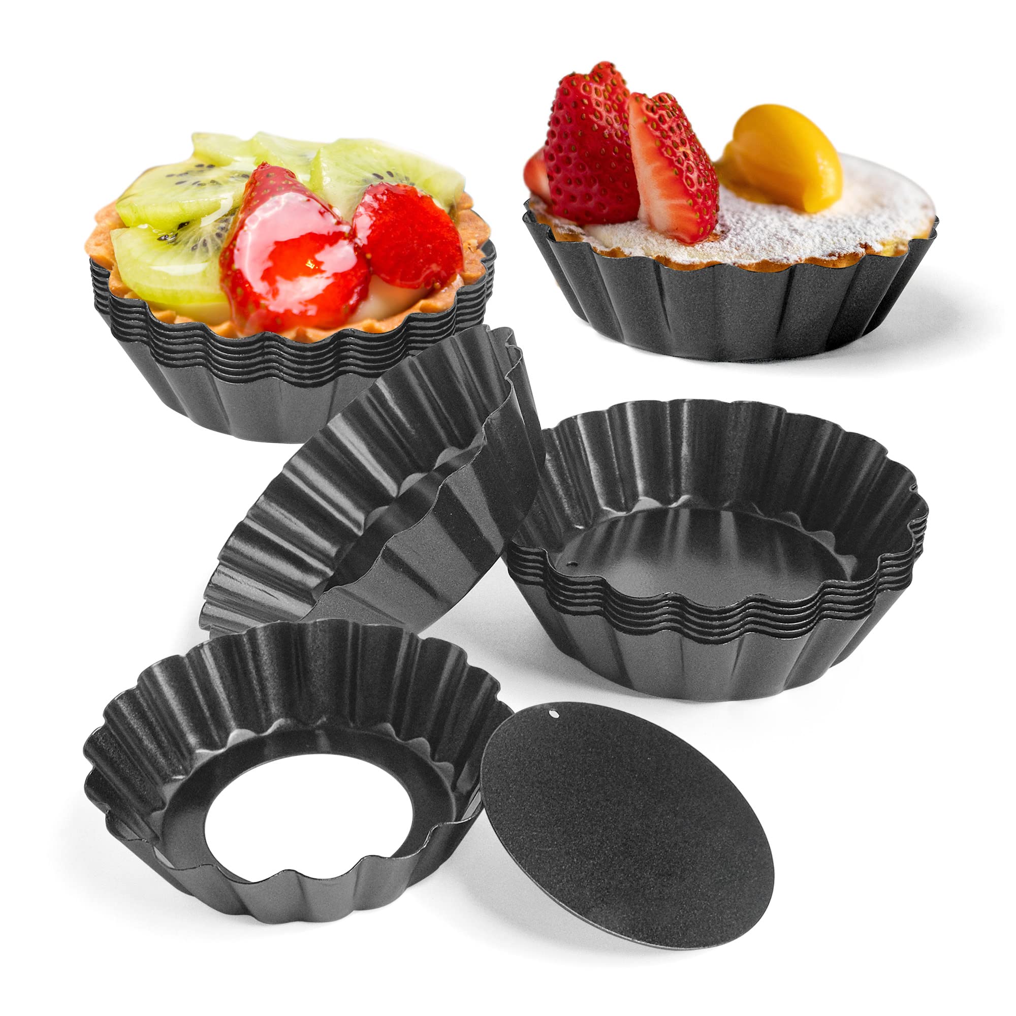 WeeGoo 24 Pack Non Stick Mini Quiche Tins for Baking, 3 inch Tart Tin with Loose Base, Carbon Steel Fluted Mini Tart Tins for Baking