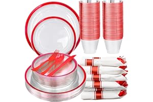 175 Piece Red Plastic Plates for 25 Guests,Clear Disposable Dinnerware Set for 25 Guests,Includes 25 Dinner Plates 25 Dessert