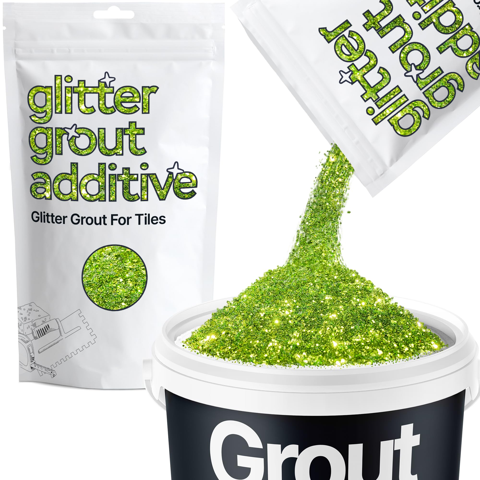 Hemway Lime Green Glitter Grout Additive 100g Metallic Flakes for Adding Sparkle to Kitchen & Bathroom Tiles | Enhance Your Indoor Grouting Projects with a Durable Sparkly Effect