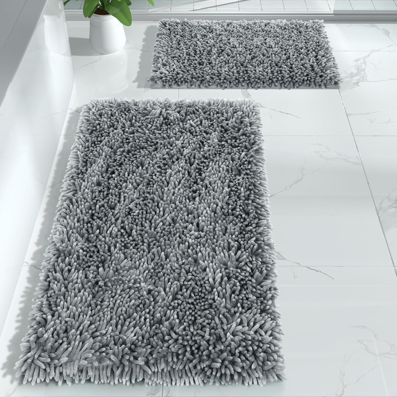 Yimobra Bathroom Rug Set 2 Piece, Luxury Shaggy Bath Mat Set with Non Slip Backing, Ultra Soft & Absorbent Mats for Bathroom Floor, Machine Washable, 31.5"x20"+24"x17", Silver
