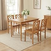 5-Piece Wood Dining Table Set for 4, Farmhouse Rectangular Kitchen Table | Space-Saving Design for Small Dining Room, Apartment, Breakfast Nook, Natural-Wood