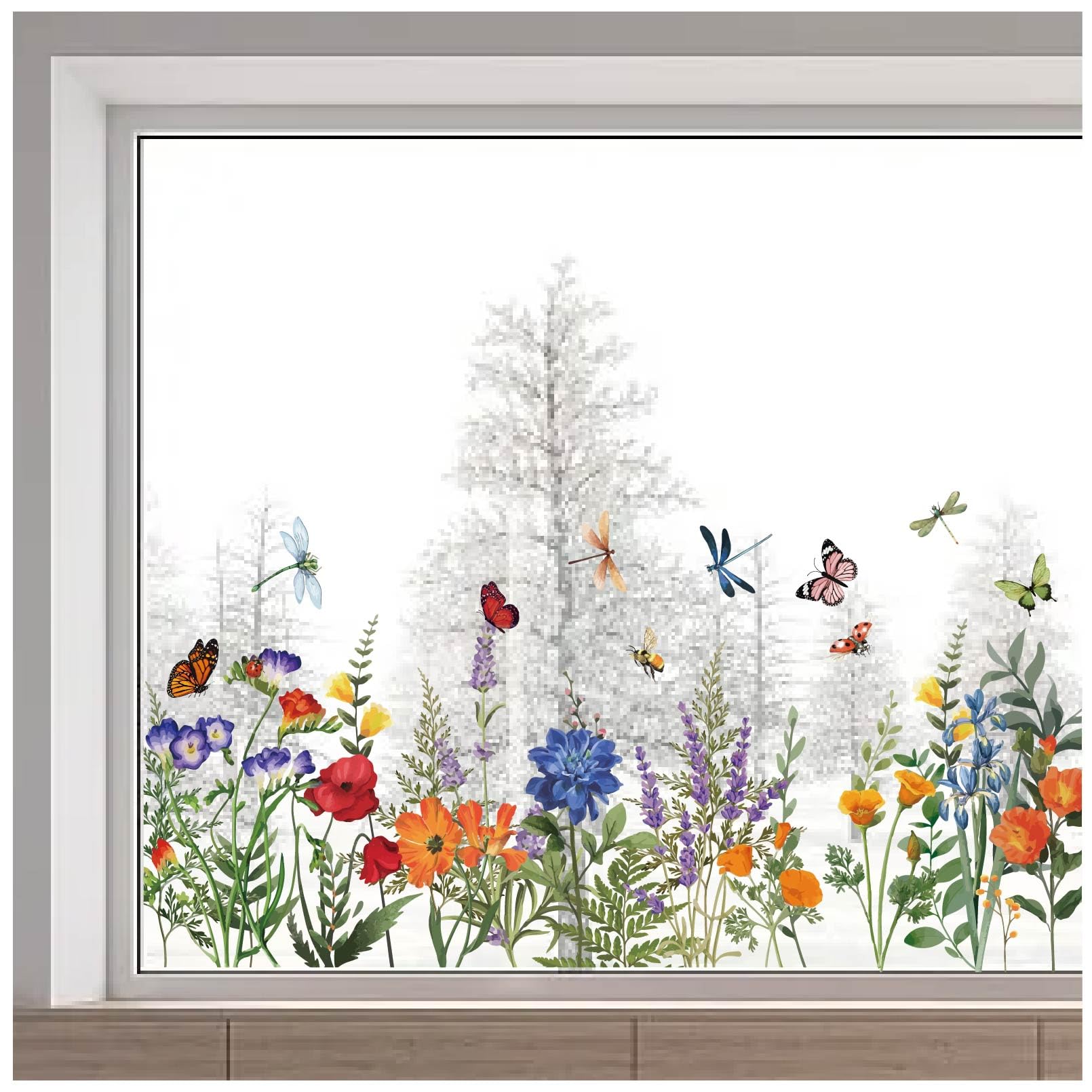 GORGECRAFT 118x40cm Butterfly Flower Window Clings Floral Window Decals Spring Summer Dragonfly Anti Collision Wild Flower Window Static Window Film for Glass Window Display Decoration