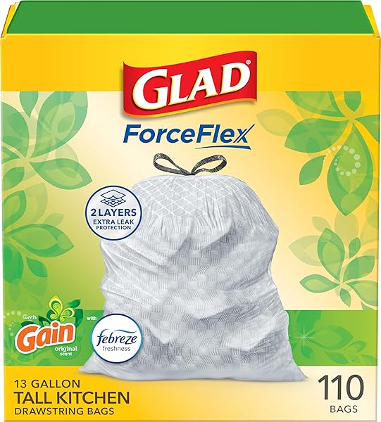 GLAD FORCEFLEX TALL KITCHEN TRASH BAGS, 13 GALLON, GAIN ORIGINAL, 110 COUNT (PACKAGE MAY VARY)