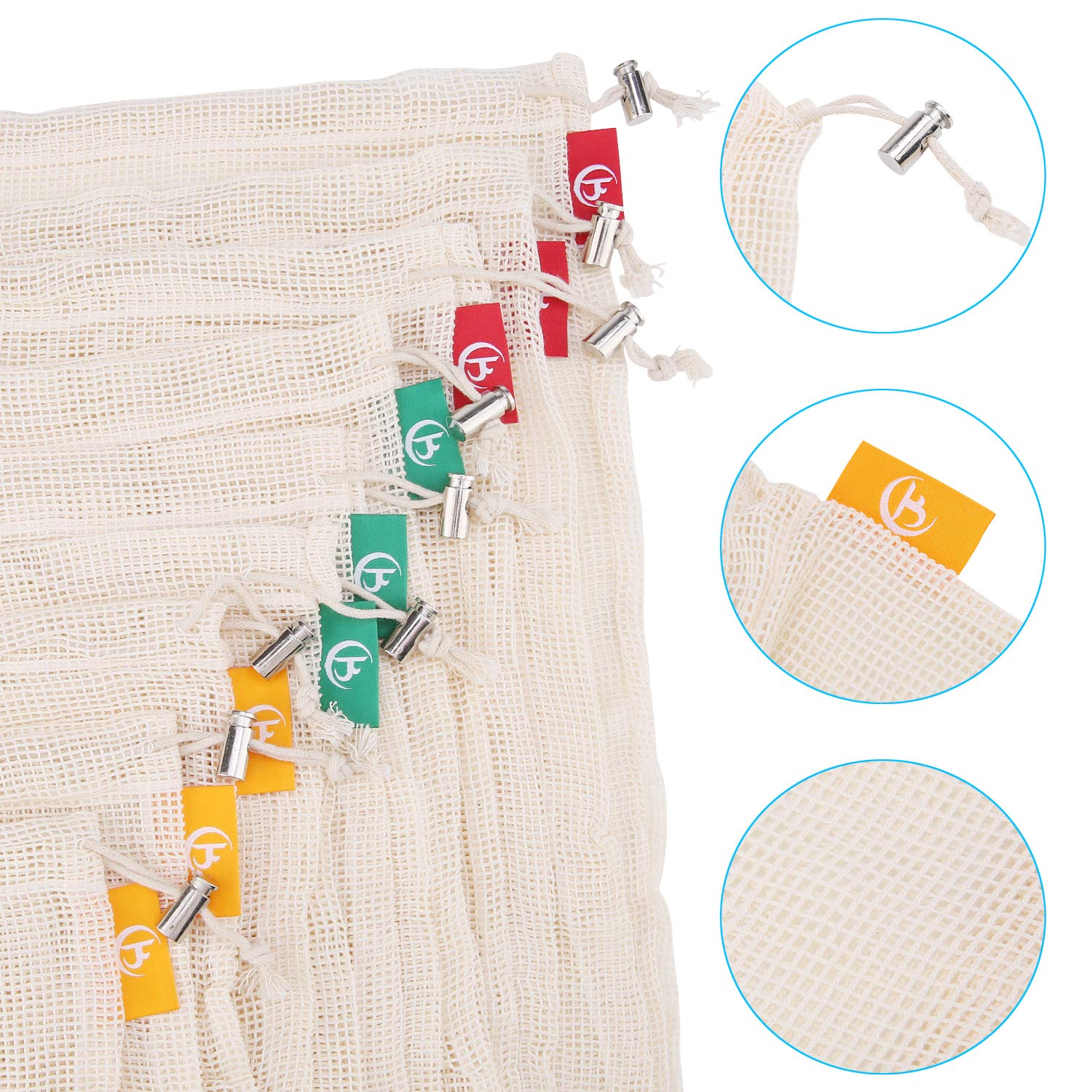 BKhome Reusable Mesh Produce Bags - Set of 9 Lightweight Natural Cotton Washable Premium Bags with Tare Weight on Tags for Shopping Storage, Toys, Fruit and Vegetable(Large, Medium, Small)