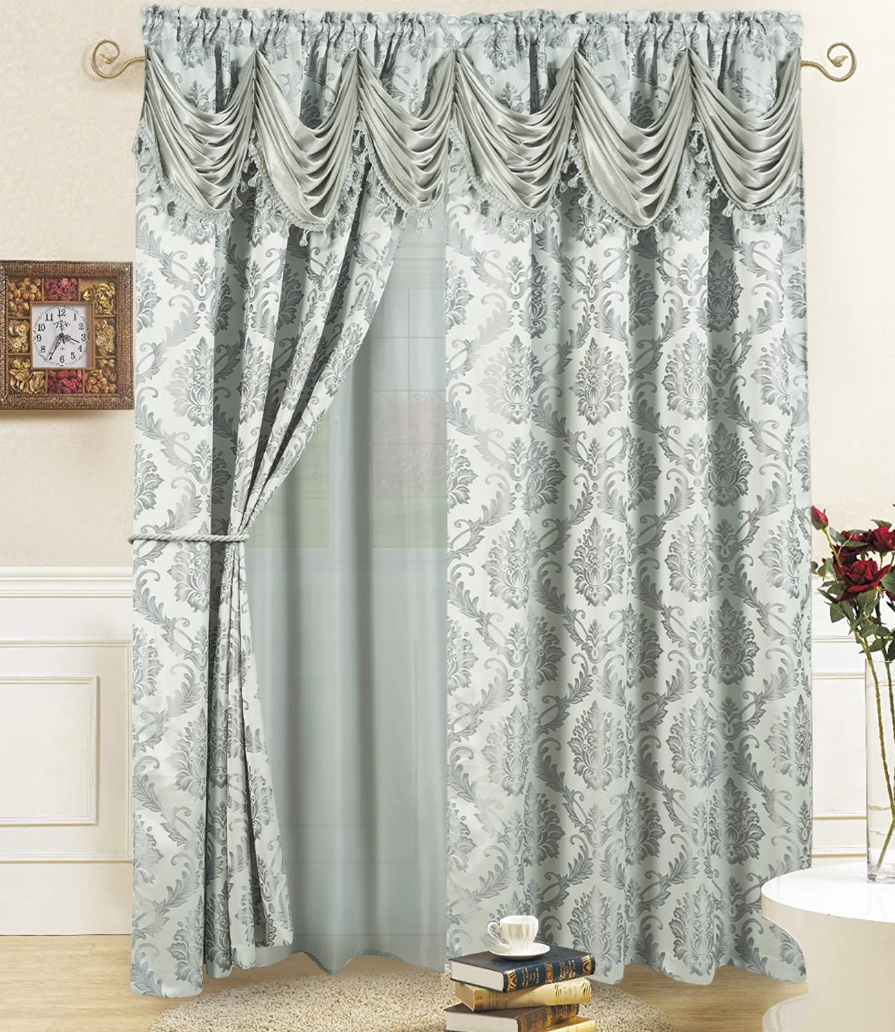 Jacquard Window Curtains for Living Room and Bedroom 54 W x 84 L Inches - 2 Panel Set with Attached Valance, Backing and 2 Tie Backs Long Fancy Design Cortinas Para Sala (Silver Gray)