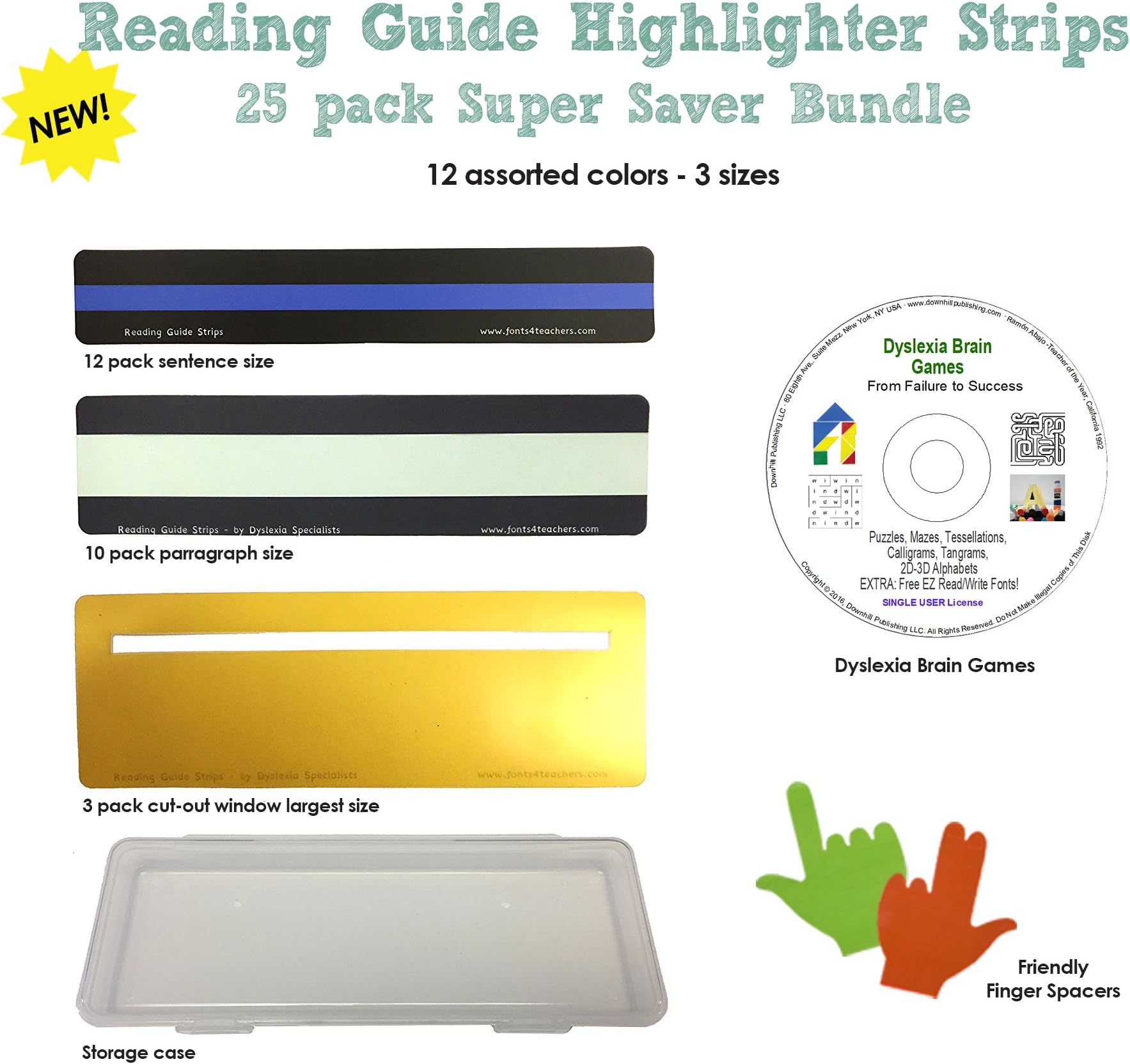 (25 Pack/3 Sizes) Reading Strips for Teachers, Students and Kids with Case + Dyslexia Brain Games CD + Finger Spacers | Reading Rulers for Kids with Dyslexia | Colored Reading Strips with Overlays