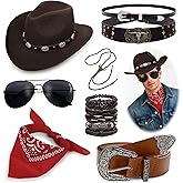 NICEIGHT Cowboy Costume Outfit for Men Western Cowboy Hat With Hat Bands Bandana Buckle Belt Cowboy Halloween Accessories Set