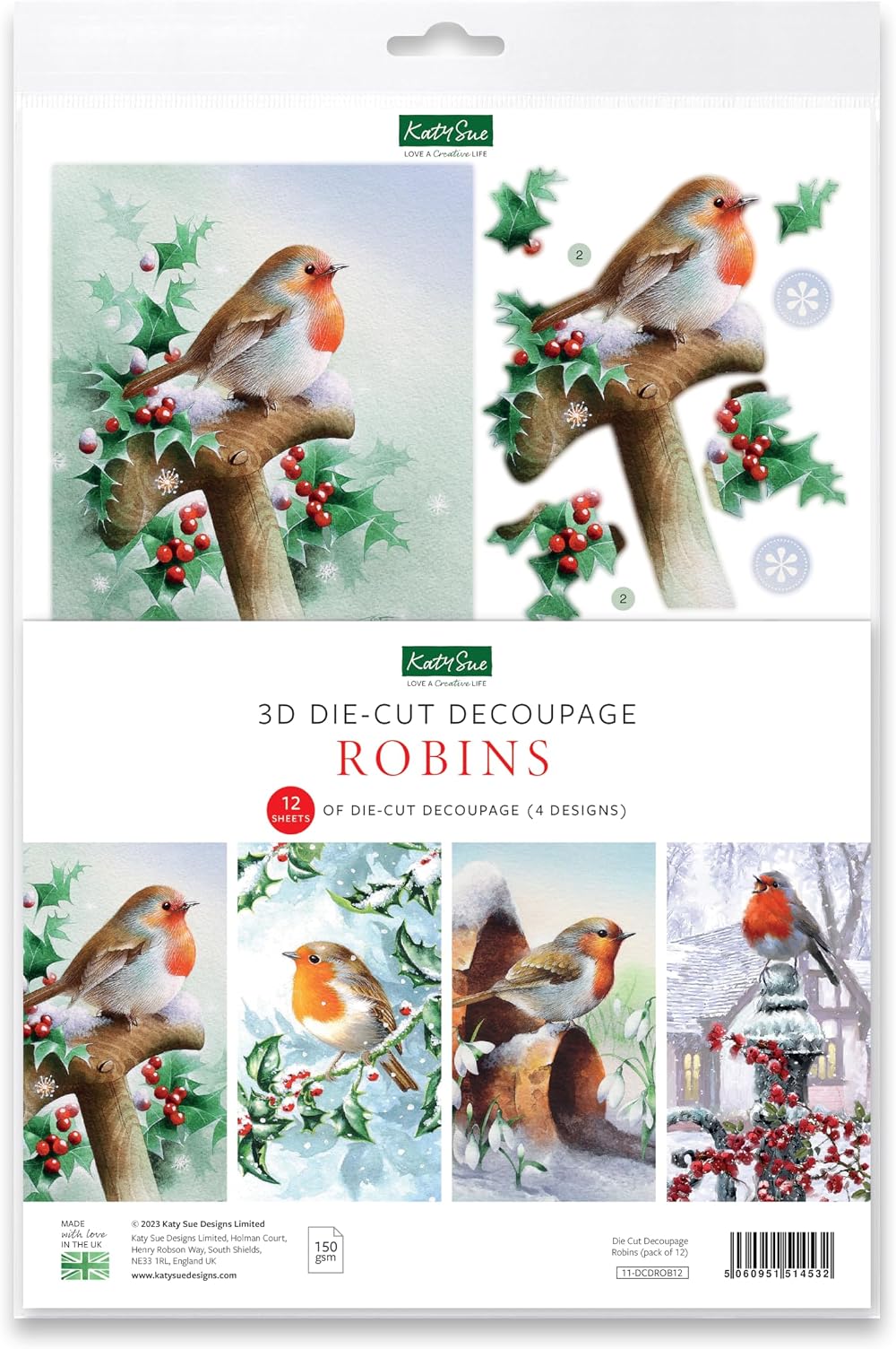 Katy Sue 3D Die-Cut Decoupage Pack Christmas Robins 12 A4 Sheets
