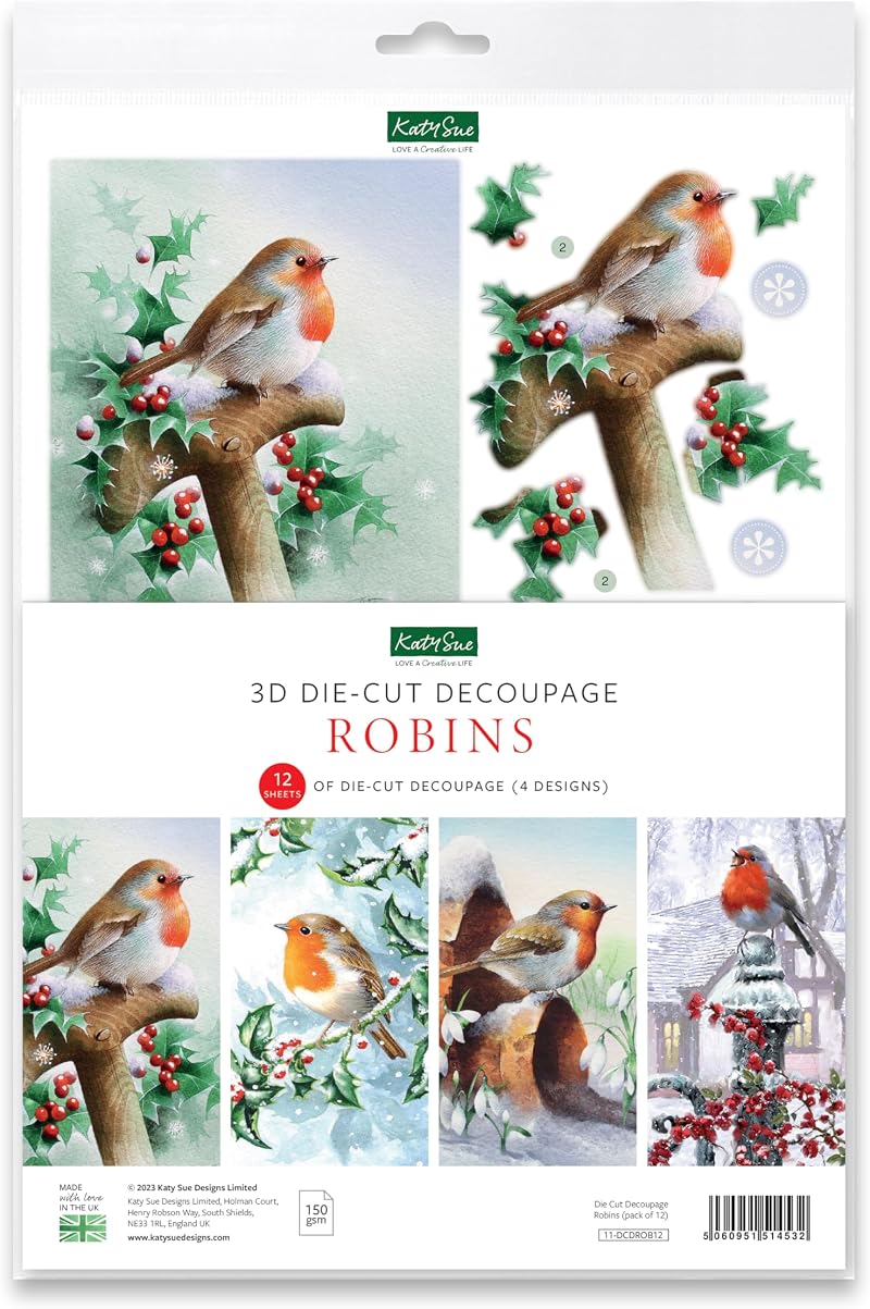 Katy Sue 3D Die-Cut Decoupage Pack Christmas Robins 12 A4 Sheets