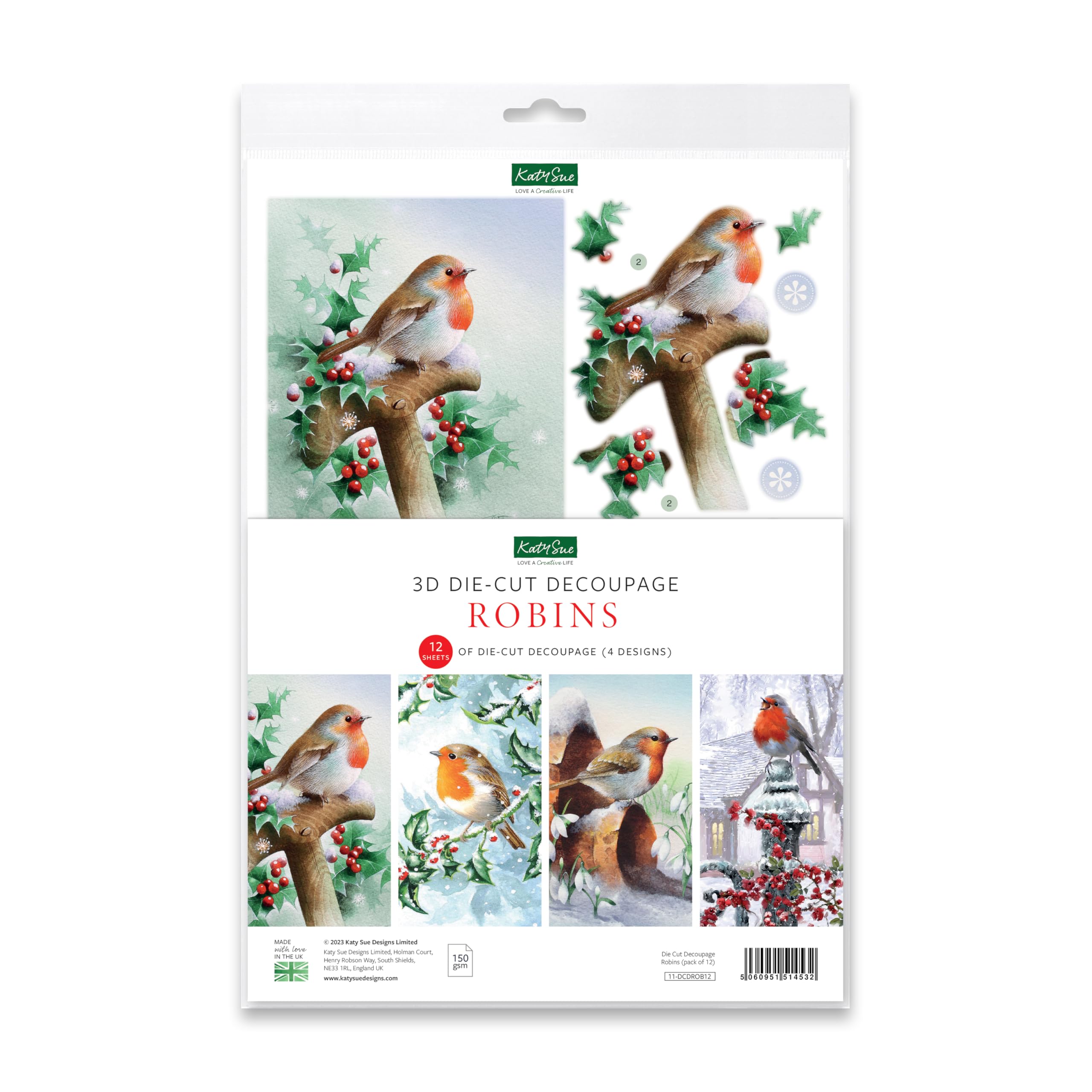 Katy Sue Robins 3D Die-Cut Decoupage Pack. 12 A4-Sized Pre-Cut Die-Cut Decoupage Paper Sheets for Christmas Card Making Supplies, Featuring 4 Different Robin Designs