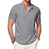 JMIERR Mens Short Sleeve Linen Henley Shirts Casual Button Down Shirt Summer Beach Wear with Pocket