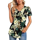 CATHY Womens Short Sleeve Tunic Tops Henley Shirt V Neck Button Up Blouse Casual Pleated Basic Pullover