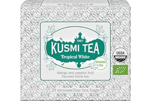 Kusmi Tea - Tropical White - Organic Blend of White Tea and Green Tea with Mango and Passion Fruit - Organic Flavored White Teas - Smooth, Flavourful Tea - 20 Tea Bags