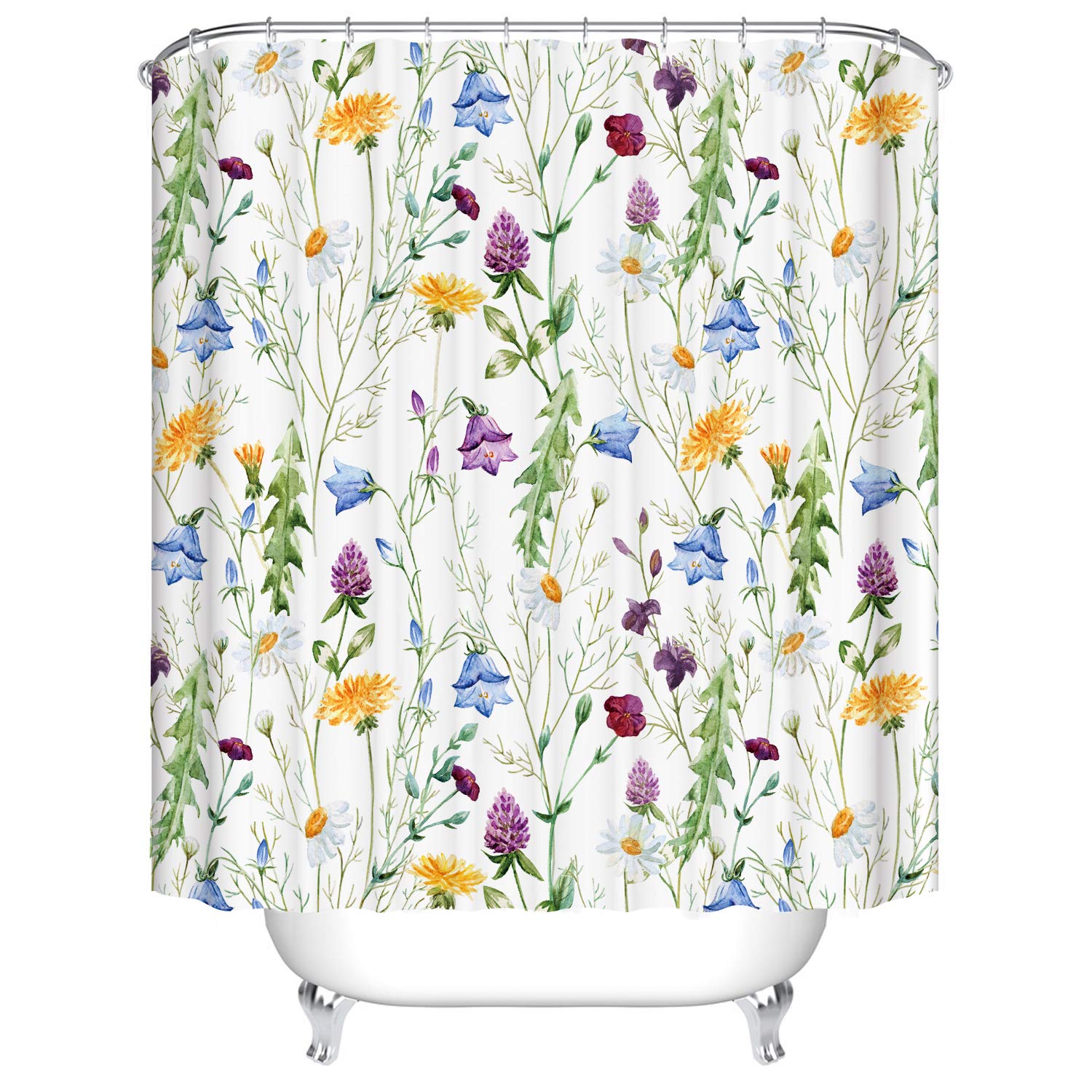 通用 Wildflower Floral Plant Shower Curtain 72''W x 72''L Spring Colorful Dasiy Tansy Flower Nature Herbs Plants Bathroom Curtain with Hooks