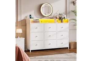 Nicehill Dresser for Bedroom with 9 Drawer,White Dresser with LED Light,TV Stand for Bedroom with Charging Station,Chests of Drawers for Living Room Hallway,Closet（White）