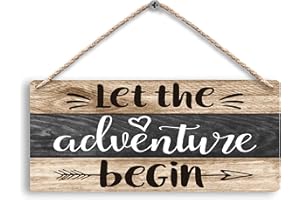 FUGWN Let the Adventure Begin Hanging Wooden Signs 12x6, Rustic Cabin Camper Home RV Wall Decor, Camping Lovers Home Decor Gifts for Camper Women Men