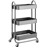 鶹 Basics 3-Tier Metal Rolling Cart with Wheels, Utility or Kitchen - Charcoal