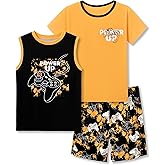 Tebbis Boys 3-Piece Summer Pajama Set Gamer PJs Short Sleeves Tank Top & Shorts Soft Yellow Sleepwear Size 6-18