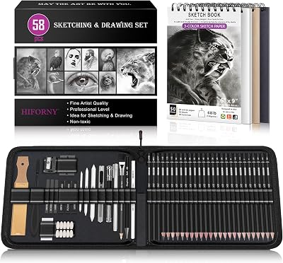 HIFORNY 58 Pcs Drawing Kit Sketching Pencils with 3-Color Sketchbook 58-Piece