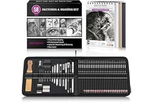 HIFORNY 58 PCS Drawing Kit Sketching Pencil Set,Sketch Pencils Art Supplies with 3-Color Sketchbook,Graphite,Charcoal,Blending Tools,Drawing Pencils for Adults Artists