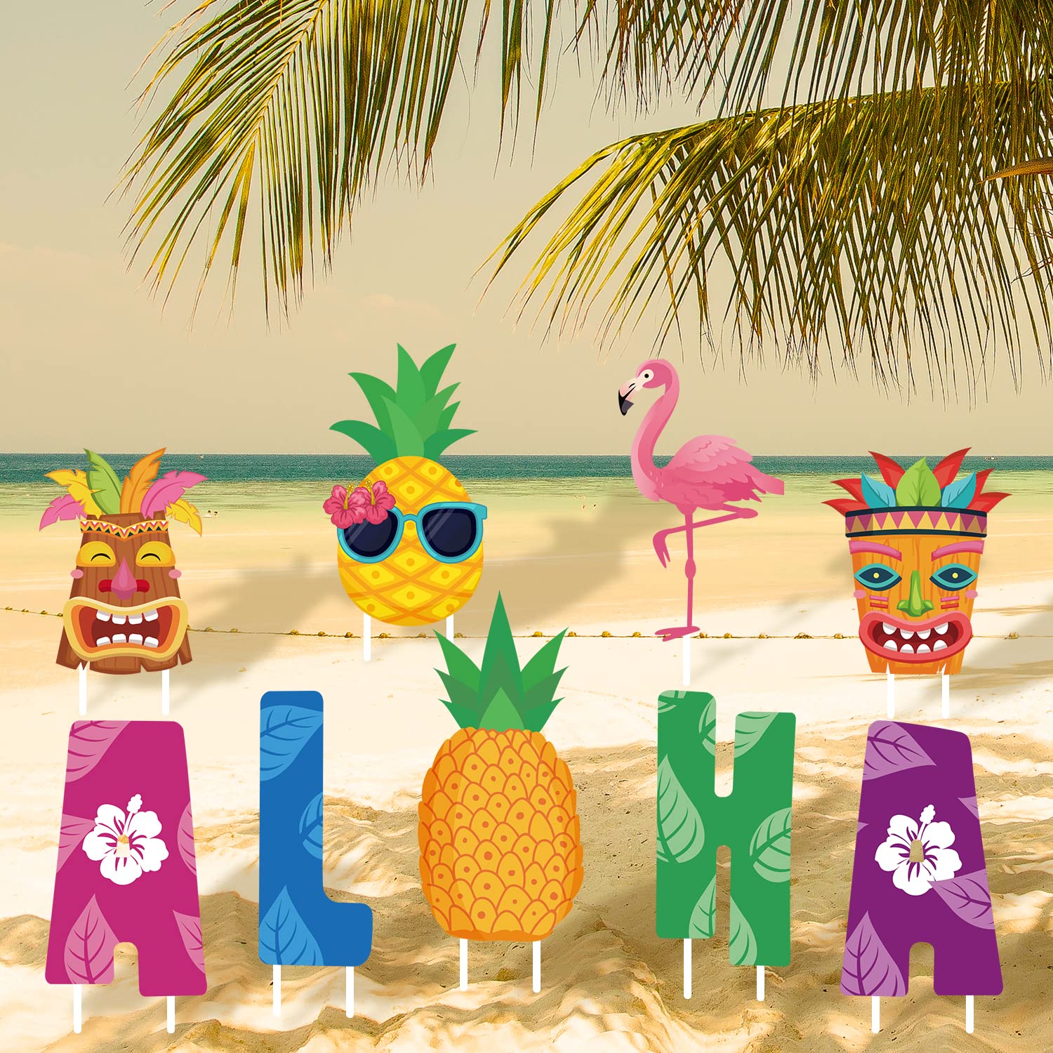 Photo 1 of 10 Pcs Aloha Yard Sign Summer Outdoor Lawn Decorations Hawaii Theme Yard Sign with Yard Stakes Flamingo Pineapple Luau Party Decorations for Hawaiian Tropical Party Beach Patio Garden Tiki Party