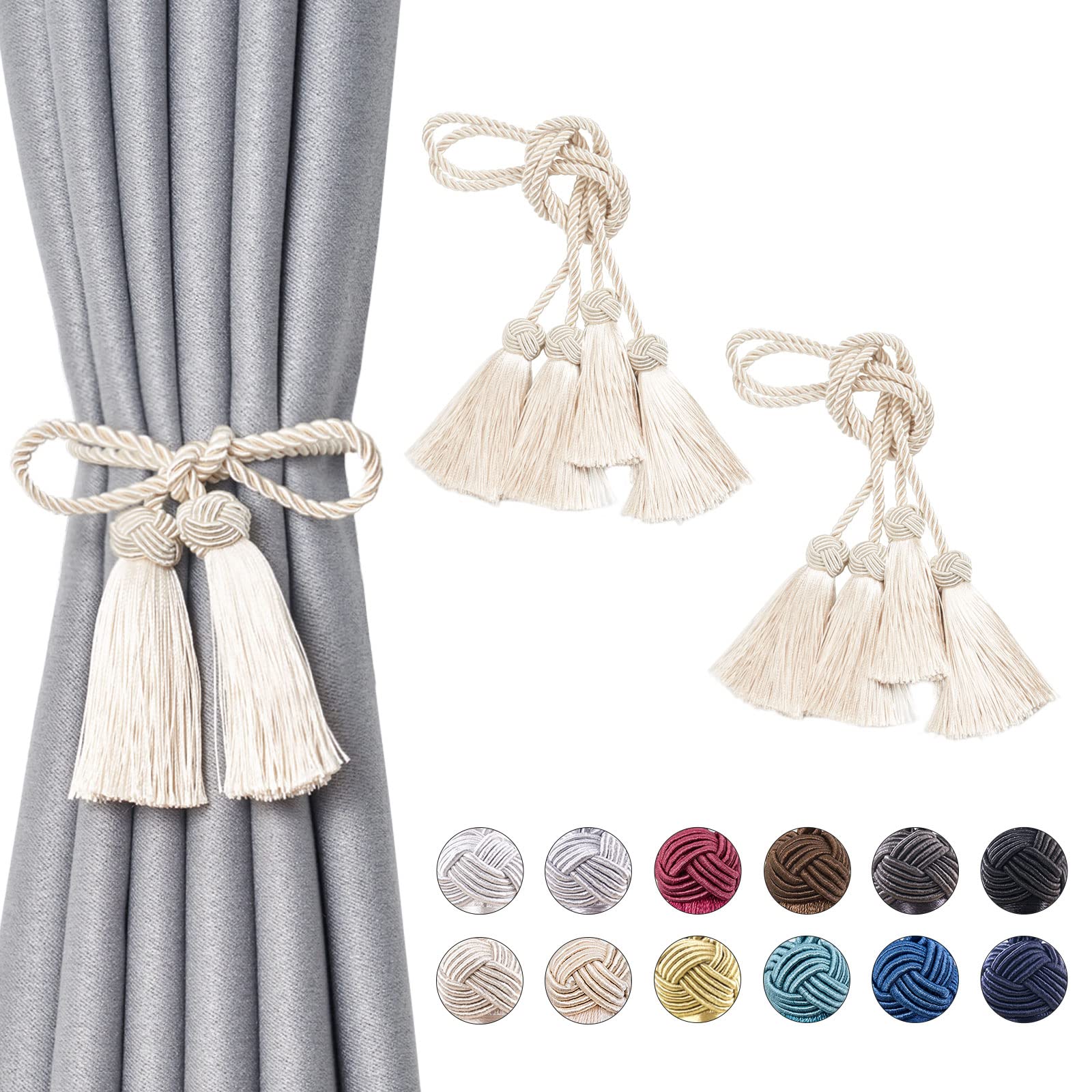 Pretty Jolly 4 Pack Double-ended Tassel Curtain Tiebacks Handmade Braided Rope Knot Drape Tie Backs European Style Decorative Curtain Holdbacks for Home & Office Window Drapery (Beige)