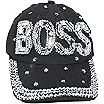 Popfizzy Womens Bling Cap, Rhinestone Baseball Cap, Bejeweled Distressed Denim Hat, Bling Gifts for Women