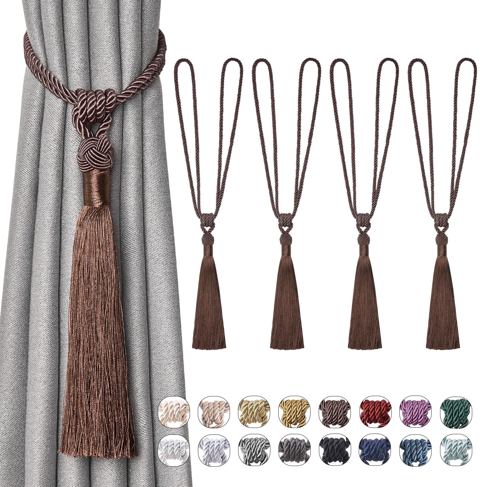 Pretty Jolly 4 Pack Long Tassel Curtain Tiebacks Handmade Braided Rope Knot Drape Tie Backs European Style Decorative Curtain Holdbacks for Home & Office Window Drapery (Deep Coffee)