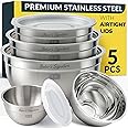 Baker's Signature Stainless Steel Mixing Bowls With Lid, Metal Mixing Bowl Set Of 5, Nesting Set For Food Prep, Baking,Storage, Cooking, Serving | Dishwasher Safe, 0.5/1.5/3/4/5 Qt