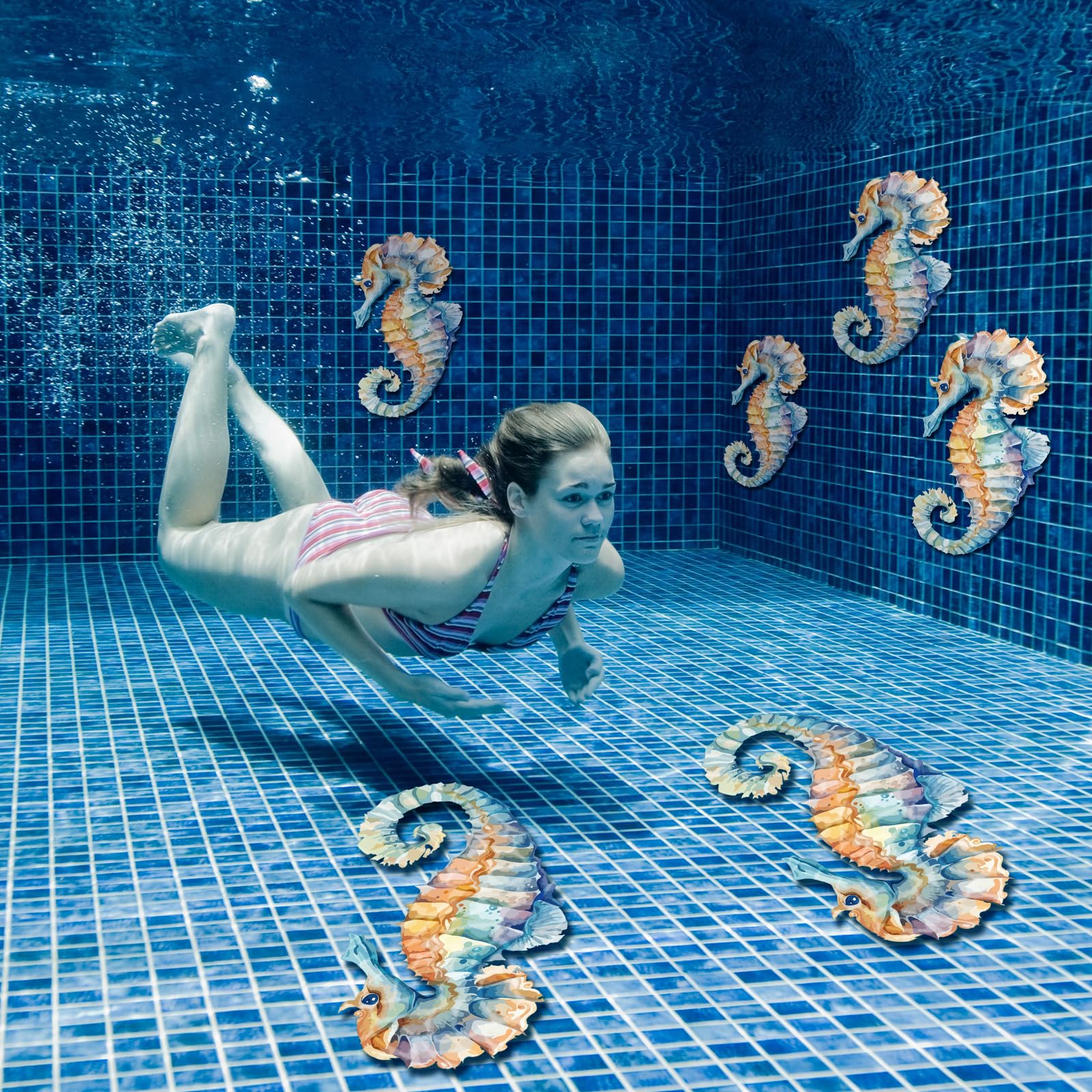 Photo 1 of Humyoun 6 Pcs Pool Decals for Bottom of Pool Seahorse Stickers Swimming Tile Patch Vinyl PVC Underwater Decals Decoration Waterproof Wall Sticker
